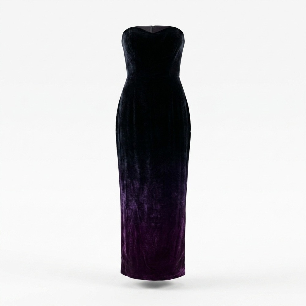 Monique Lhuillier Gown Women Strapless Ombre Velvet Black Purple Slim Maxi Dress